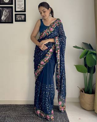 blue thread,sequance embroidery work georgette saree with blouse piece 4