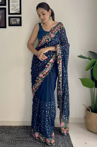 blue thread,sequance embroidery work georgette saree with blouse piece