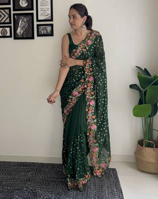 green thread,sequance embroidery work georgette saree with blouse piece 1