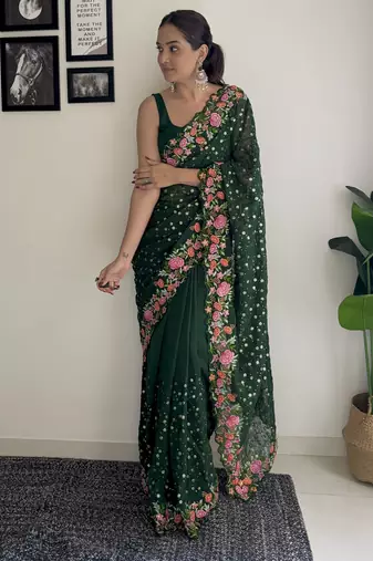 green thread,sequance embroidery work georgette saree with blouse piece