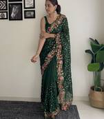 green thread,sequance embroidery work georgette saree with blouse piece