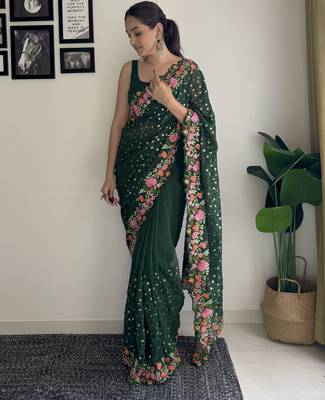 green thread,sequance embroidery work georgette saree with blouse piece 2