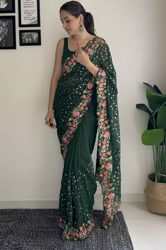 green thread,sequance embroidery work georgette saree with blouse piece