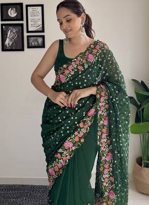 green thread,sequance embroidery work georgette saree with blouse piece 3