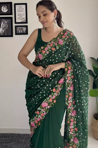 green thread,sequance embroidery work georgette saree with blouse piece