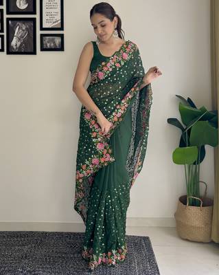 green thread,sequance embroidery work georgette saree with blouse piece 4
