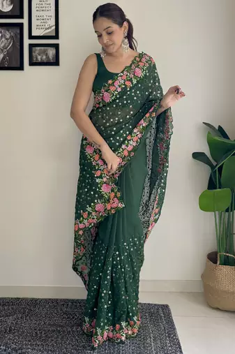 green thread,sequance embroidery work georgette saree with blouse piece