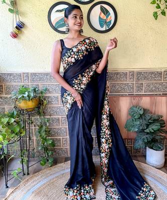 Navy Blue thread,sequance embroidery cut work vichitra silk saree with blouse piece 1
