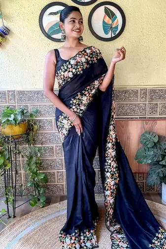 Navy Blue thread,sequance embroidery cut work vichitra silk saree with blouse piece