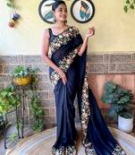 Navy Blue thread,sequance embroidery cut work vichitra silk saree with blouse piece