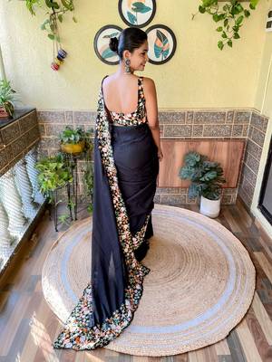 Navy Blue thread,sequance embroidery cut work vichitra silk saree with blouse piece 2