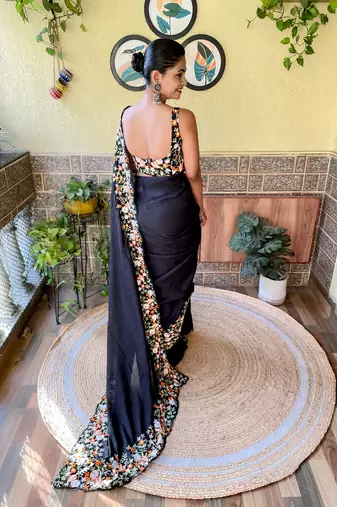 Navy Blue thread,sequance embroidery cut work vichitra silk saree with blouse piece