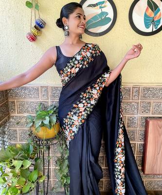 Navy Blue thread,sequance embroidery cut work vichitra silk saree with blouse piece 3