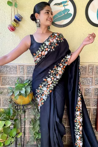 Navy Blue thread,sequance embroidery cut work vichitra silk saree with blouse piece