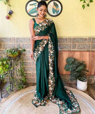 green thread,sequance embroidery cut work vichitra silk saree with blouse piece 1