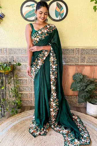 green thread,sequance embroidery cut work vichitra silk saree with blouse piece