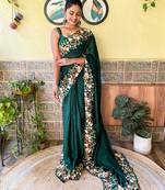 green thread,sequance embroidery cut work vichitra silk saree with blouse piece