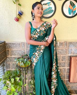 green thread,sequance embroidery cut work vichitra silk saree with blouse piece 2