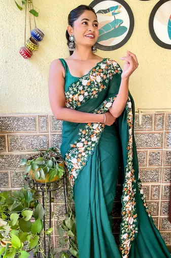 green thread,sequance embroidery cut work vichitra silk saree with blouse piece