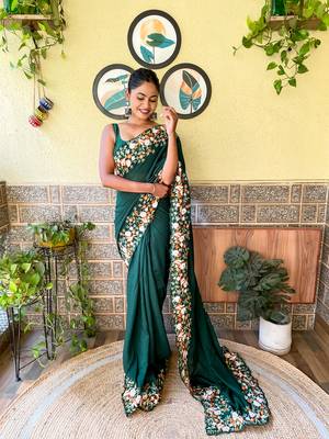green thread,sequance embroidery cut work vichitra silk saree with blouse piece 3