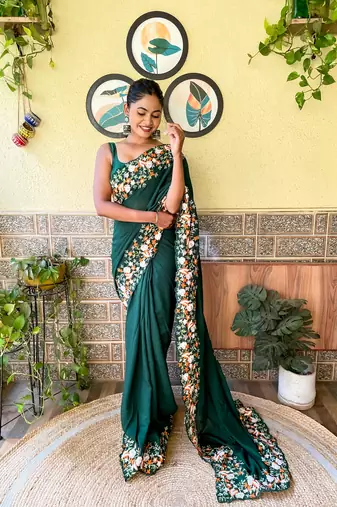 green thread,sequance embroidery cut work vichitra silk saree with blouse piece