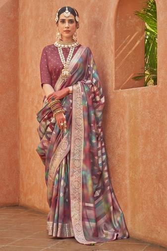 mouve  weaving designer,printed  p v silk saree with blouse piece