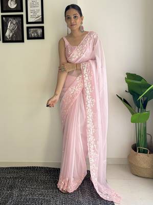 pink c pallu sequance embroidery work georgette saree with blouse piece 1