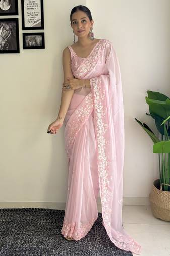 pink c pallu sequance embroidery work georgette saree with blouse piece