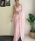 pink c pallu sequance embroidery work georgette saree with blouse piece