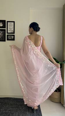 pink c pallu sequance embroidery work georgette saree with blouse piece 2