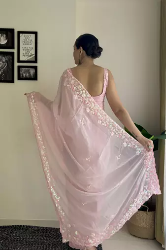 pink c pallu sequance embroidery work georgette saree with blouse piece