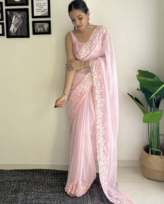 pink c pallu sequance embroidery work georgette saree with blouse piece 3