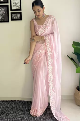 pink c pallu sequance embroidery work georgette saree with blouse piece