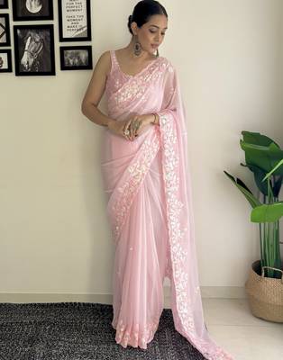 pink c pallu sequance embroidery work georgette saree with blouse piece 4