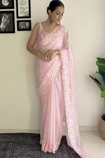pink c pallu sequance embroidery work georgette saree with blouse piece