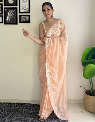 peach c pallu sequance embroidery work georgette saree with blouse piece 1
