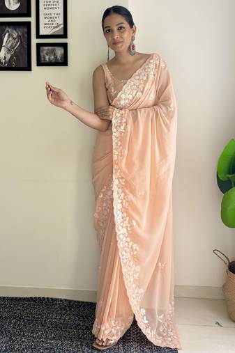 peach c pallu sequance embroidery work georgette saree with blouse piece