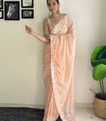 peach c pallu sequance embroidery work georgette saree with blouse piece
