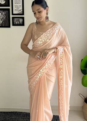 peach c pallu sequance embroidery work georgette saree with blouse piece 2