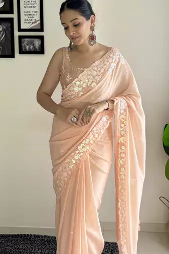 peach c pallu sequance embroidery work georgette saree with blouse piece