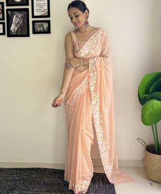 peach c pallu sequance embroidery work georgette saree with blouse piece 3