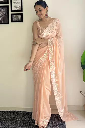 peach c pallu sequance embroidery work georgette saree with blouse piece