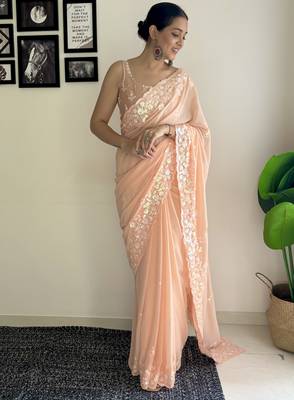 peach c pallu sequance embroidery work georgette saree with blouse piece 4