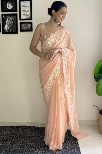 peach c pallu sequance embroidery work georgette saree with blouse piece