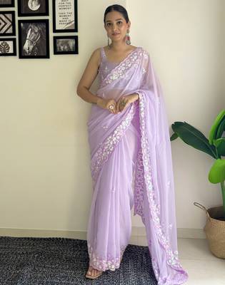 purple c pallu sequance embroidery work georgette saree with blouse piece 1