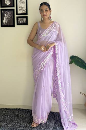 purple c pallu sequance embroidery work georgette saree with blouse piece