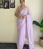 purple c pallu sequance embroidery work georgette saree with blouse piece