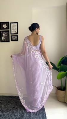 purple c pallu sequance embroidery work georgette saree with blouse piece 2