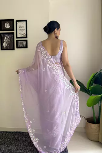 purple c pallu sequance embroidery work georgette saree with blouse piece