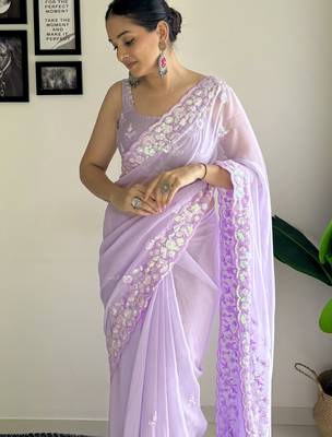 purple c pallu sequance embroidery work georgette saree with blouse piece 3